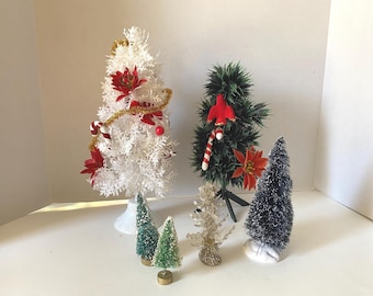 Set of 6 Vintage White & Green Plastic and Bottle Brush Christmas Trees