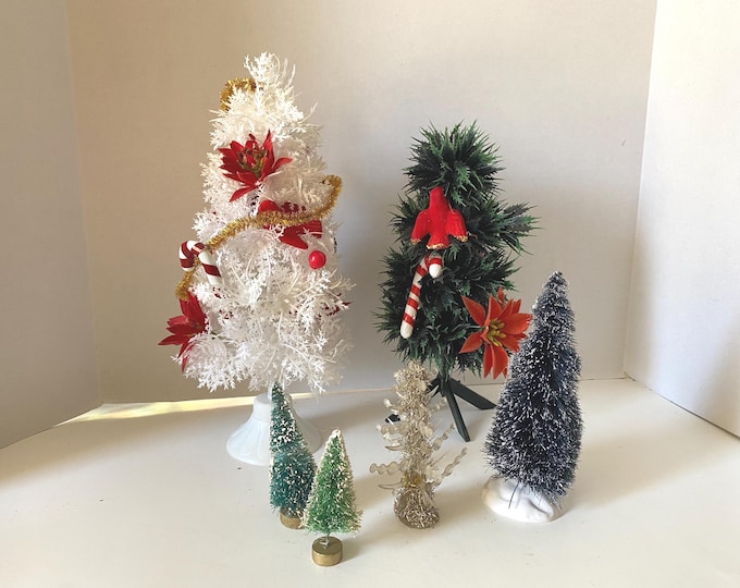Set of 6 Vintage White & Green Plastic and Bottle Brush Christmas Trees