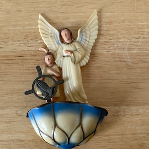 Vintage  Holy Water Guardian Angel and Child plastic Font