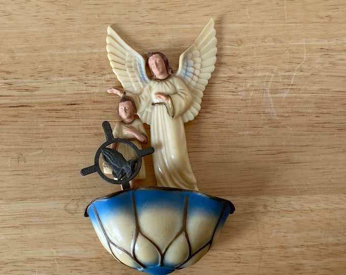 Vintage  Holy Water Guardian Angel and Child plastic Font