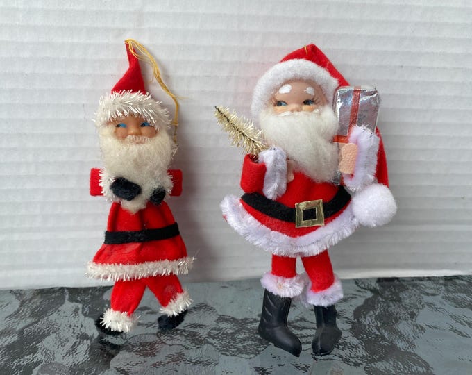 Set of 2  Felt and Pipe Cleaner Plastic Face Vintage Santa Ornaments