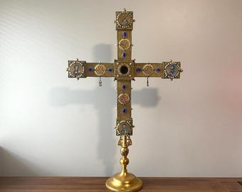 32" Tall Antique Imperial Style Reliquary Cross Decorated with Brass Sheets, faux Pearls and Cabochon Gems and Byzantine Engolpions