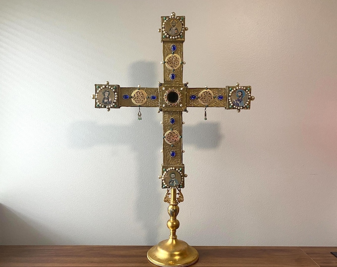 32" Tall Antique Imperial Style Reliquary Cross Decorated with Brass Sheets, faux Pearls and Cabochon Gems and Byzantine Engolpions