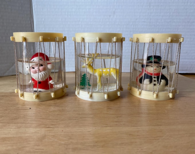 Set of 3 Vintage Drum Snow globes of Santa, Reindeer and Snowman