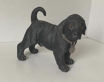 Adorable 6 1/2" Tall Black Lab Male Puppy Statue with Glass Eyes and Silver chain collar with tag