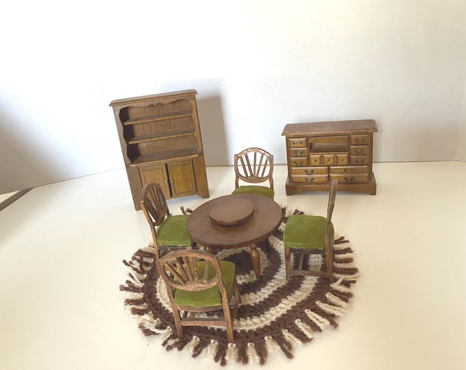 Vintage 9 Piece Dollhouse Lazy Susan Table, 4 Green Velvet chairs, Hutch, Buffet, rug and copper kettle 1:12 scale