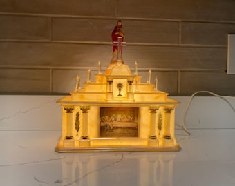 1960s Noma Lighted Plastic Altar Shrine Music Box with Rod Candles, Sacred Heart of Jesus Figurine and Last Supper Scene