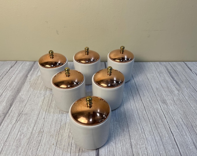 Vintage 6 ceramic with copper top jars made in Portugal