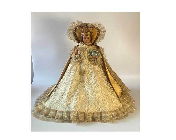 1963 Columbia Statuary Italy 16" Tall Infant Jesus Child of Prague Chalkware Figurine with Vestments and Gold Tone Metal Rhinestone Crown