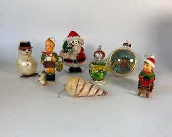 Set of 7 vintage Christmas ornaments of varying types