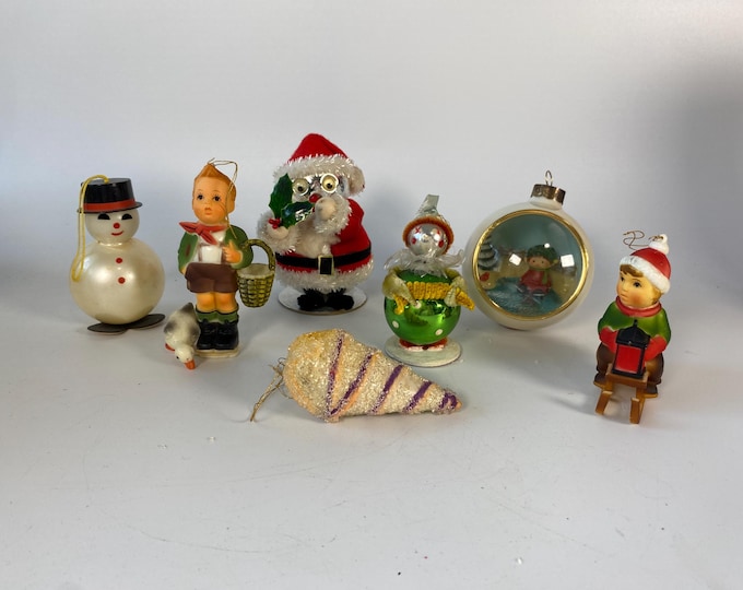 Set of 7 vintage Christmas ornaments of varying types