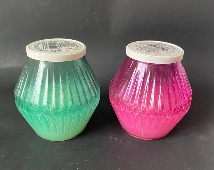 Vintage Set of 2 -  4 1/2" Outdoor Citronella Glass Patio Candles in Bright Pink and Aqua with lids and Kmart sticker on top