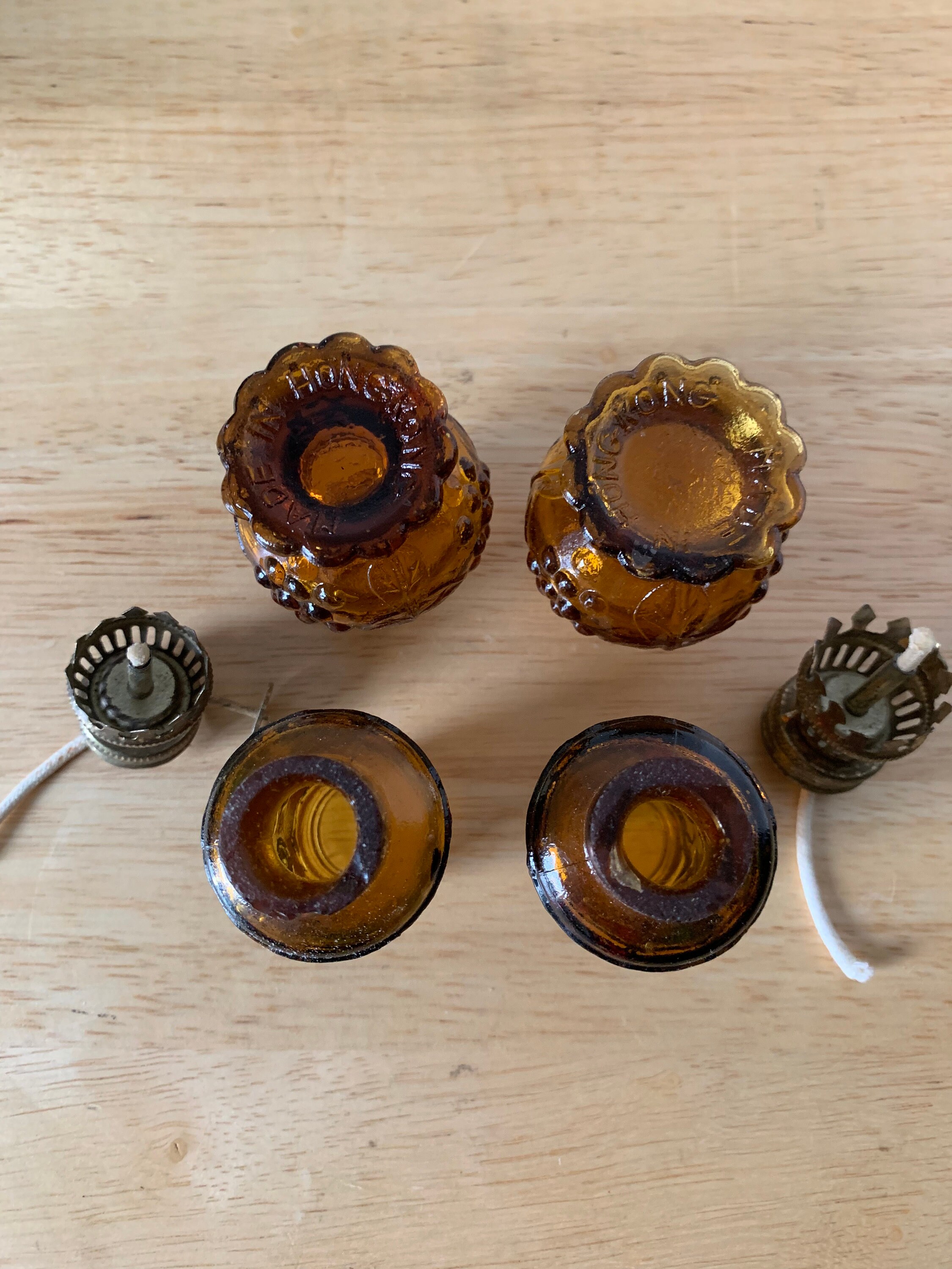 Vintage pair of brown glass oil lamps multi colored chimmneys with