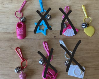 Set of 3 - 1980s Bell Charms Pink Baby Shoe, Yellow Heart and Purple Grapes