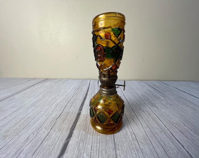 Vintage miniature amber stained glass oil lamp with chimney with wick