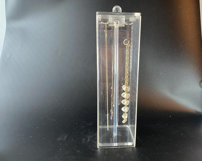 Vintage 13 1/2" Tall Enclosed Thick Durable Clear Lucite Necklace Display Stand with 12 Metal Hanger Arms