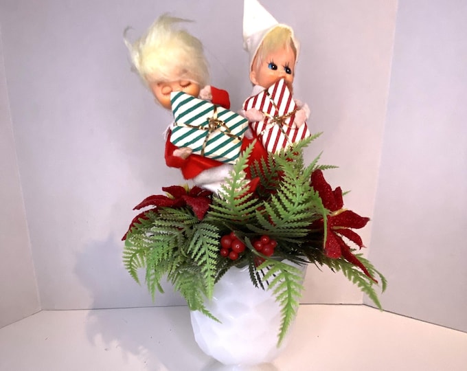 Vintage Sleepy Knee Hugger Elves with presents Floral Christmas Centerpiece in Vintage Milkglass Pedestal Vase