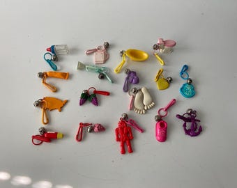 17 Piece Set of 1980s Bell Charms-Rare Flashlight Bell charm, Aqua Trumpet, Grape, Baby Bottle, Pink Washing Machine, Map of US & more!