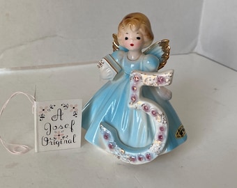 1960s Josef Originals Age 5 Porcelain Ceramic Birthday Angel with Original Tag with Birthday Message