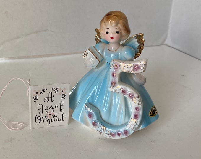 1960s Josef Originals Age 5 Porcelain Ceramic Birthday Angel with Original Tag with Birthday Message