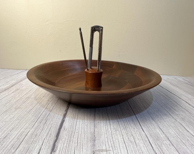 Vintage 6-piece solid Walnut nut bowl By Ozark with new cracker and picks