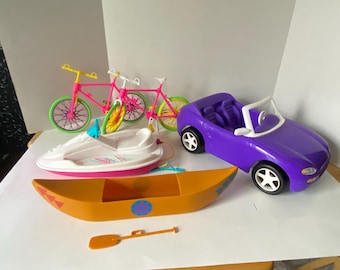 5 Piece Set  Vintage Barbie 1996 Sportscar & 1997 Wave Runner, and Barbie size unbranded Bicycles and Canoe with Paddle-Outdoor Barbie Fun!!