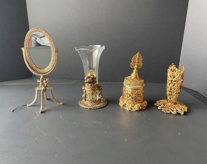 Choice of Vintage Hollywood Goldtone Metal  Filigree  Vases, Mirror and Perfume bottle with holder