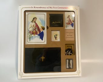 New in Box "In Remembrance of My First Communion" Gift Set for Boy with Mass Book, rosary w/case, scapular, enamel pin,  bookmark, & wallet