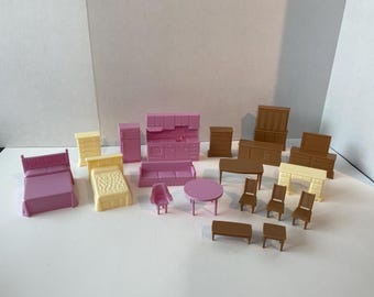Vintage Plastic 19 Piece Set Mini Dollhouse Furniture 1:16 Scale