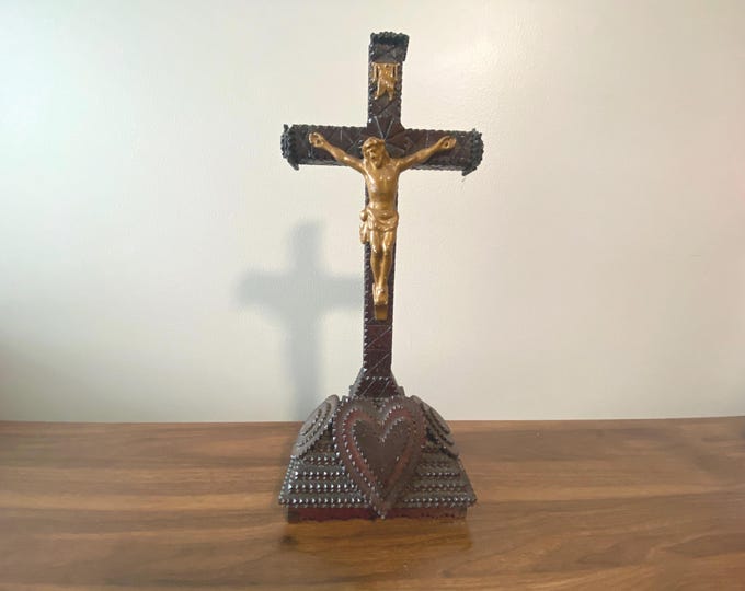 18" Tall Antique French Tramp Art  Standing Table Crucifix Home Altar