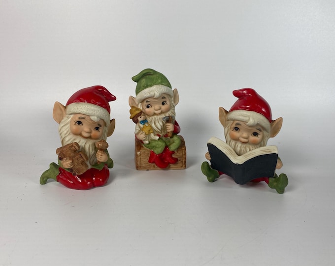 1980s Set of 3 HOMCO #5406 Toymaker Elf Porcelain Bisque Figurines