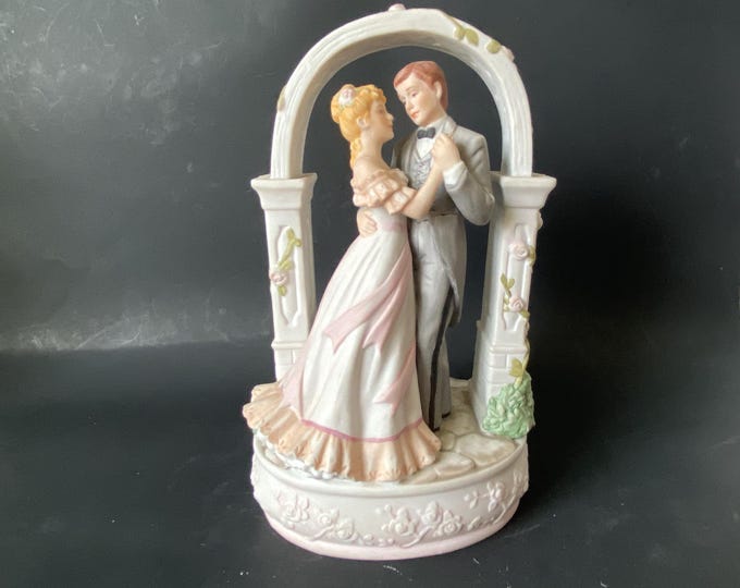 1989 Enesco Bisque Ceramic  "Dancing in the Moonlight" from Portrait of Love Series Music Box Plays "Star Dust" Limited Edition