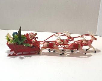 Small Vintage Santa and 6 Reindeer Christmas Plastic Vintage Sleigh