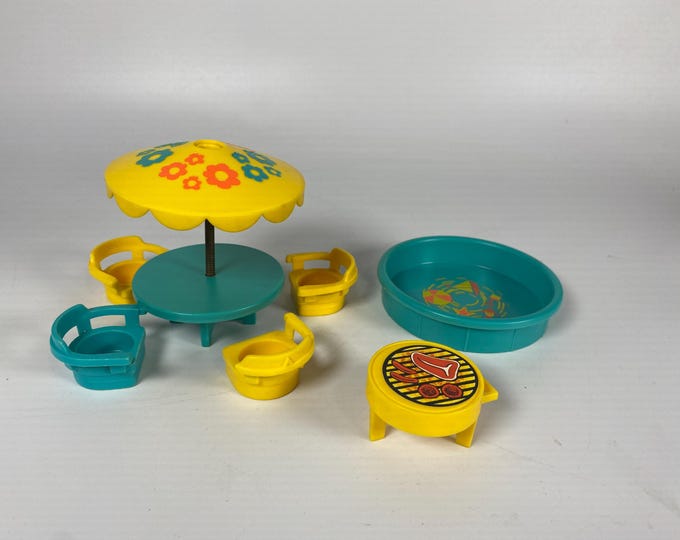 7 Piece Set 1970 Fisher Price Play Family House Patio Set  with turquoise pool and yellow umbrella Model #726