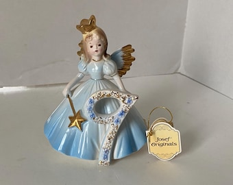 1960s Josef Originals Age 9 Porcelain Ceramic Birthday Angel with Original Tag with Birthday Message