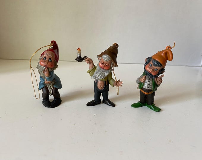 Set of 3 Vintage Christmas Elf Gnome Ornaments 3” Made in Hong Kong