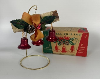 1970s 3 Bell Birchj Yule Log Wall, Door  or Christmas Tree Decoration with Original Box