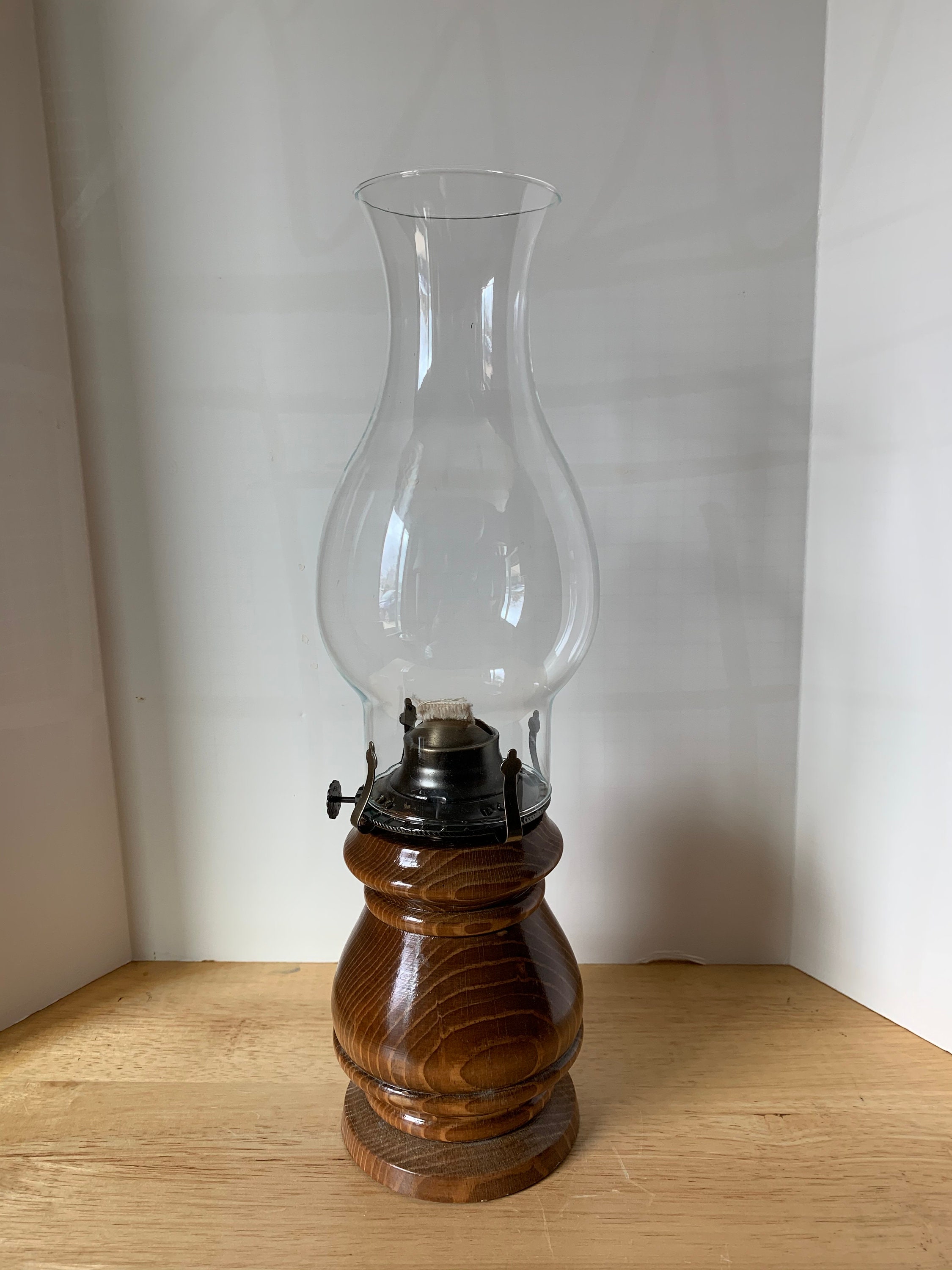 Vintage wooden base oil lamp with chimney and wick