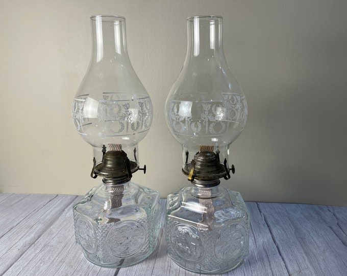 Pair of horse and Carriage diamond cut 6 sided Vintage tall Lamps Light Farms glass oil lamp with wick and embossed chimney