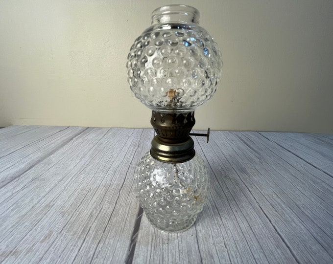 Vintage small clear glass hob nail oil lamp with chimney and wick