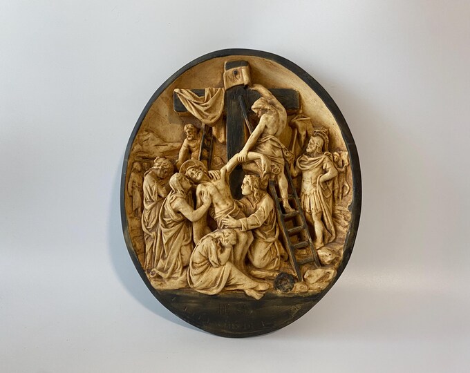 19th Century  13" Tall French Plaster bas relief   Wall Plaque "The Descent from the Cross"