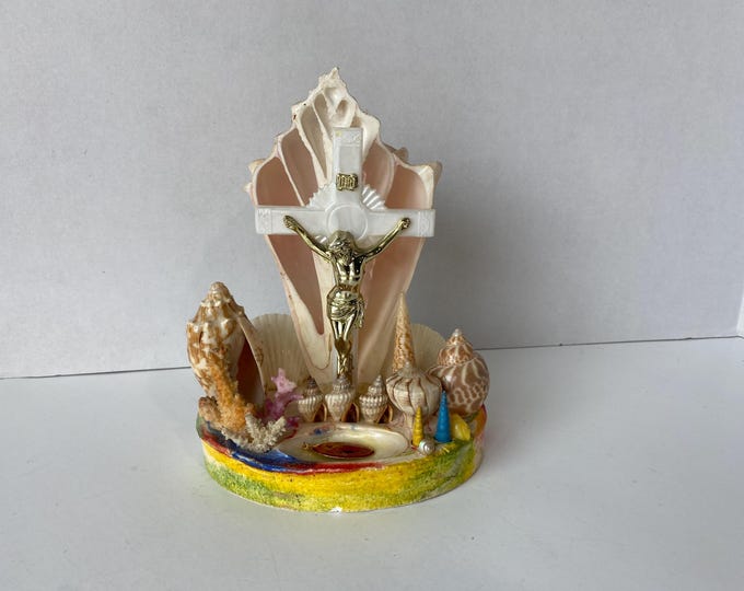 Vintage Shell Shrine with Crucifix  and Sacred Heart of Jesus Medallion Religious art