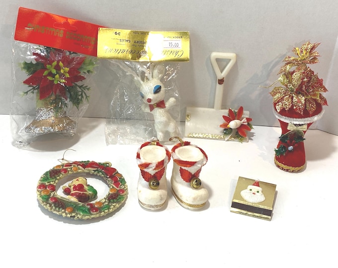 Set of 7 Vintage Flocked and plastic Christmas Ornaments and santa matches - some in their original unopened packaging