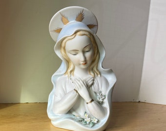 Vintage Lefton Madonna Virgin Mary  bisque porcelain with muted pastel colors and trimmed in gold accents #1949
