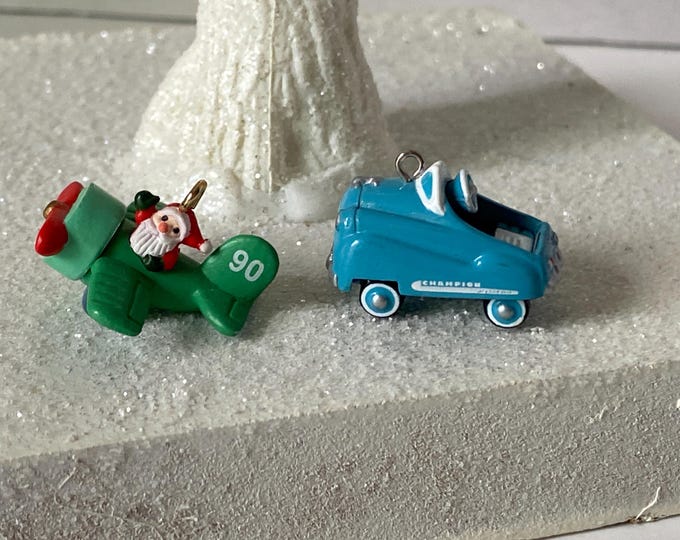 Set of 2 Hallmark 1995 Murray Champion Kiddie Car Classics Miniature Ornament & Hallmark "Air Santa" 1990 mini ornament airplane
