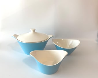 Vintage Atomic Mid Century 3 Piece Set of Royal China  Lidded Ceramic Vegetable Serving Dishes in Blue Heaven Pattern