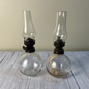 Vintage pair miniature glass oil lamp with chimney and wick