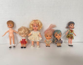 1960S Set of 6 vintage small Plastic play dolls including Marx, Blue Box