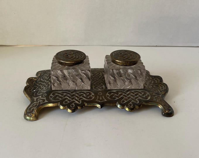 Vintage Double Inkwell set  with 2 Fostoria Colony patterned inkwells and brass stand