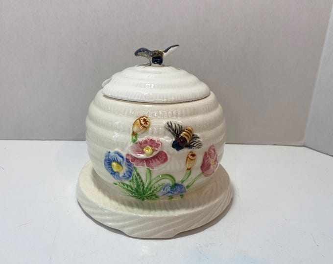 1950s soft white Ceramic  honey pot with bees and Floral Decor
